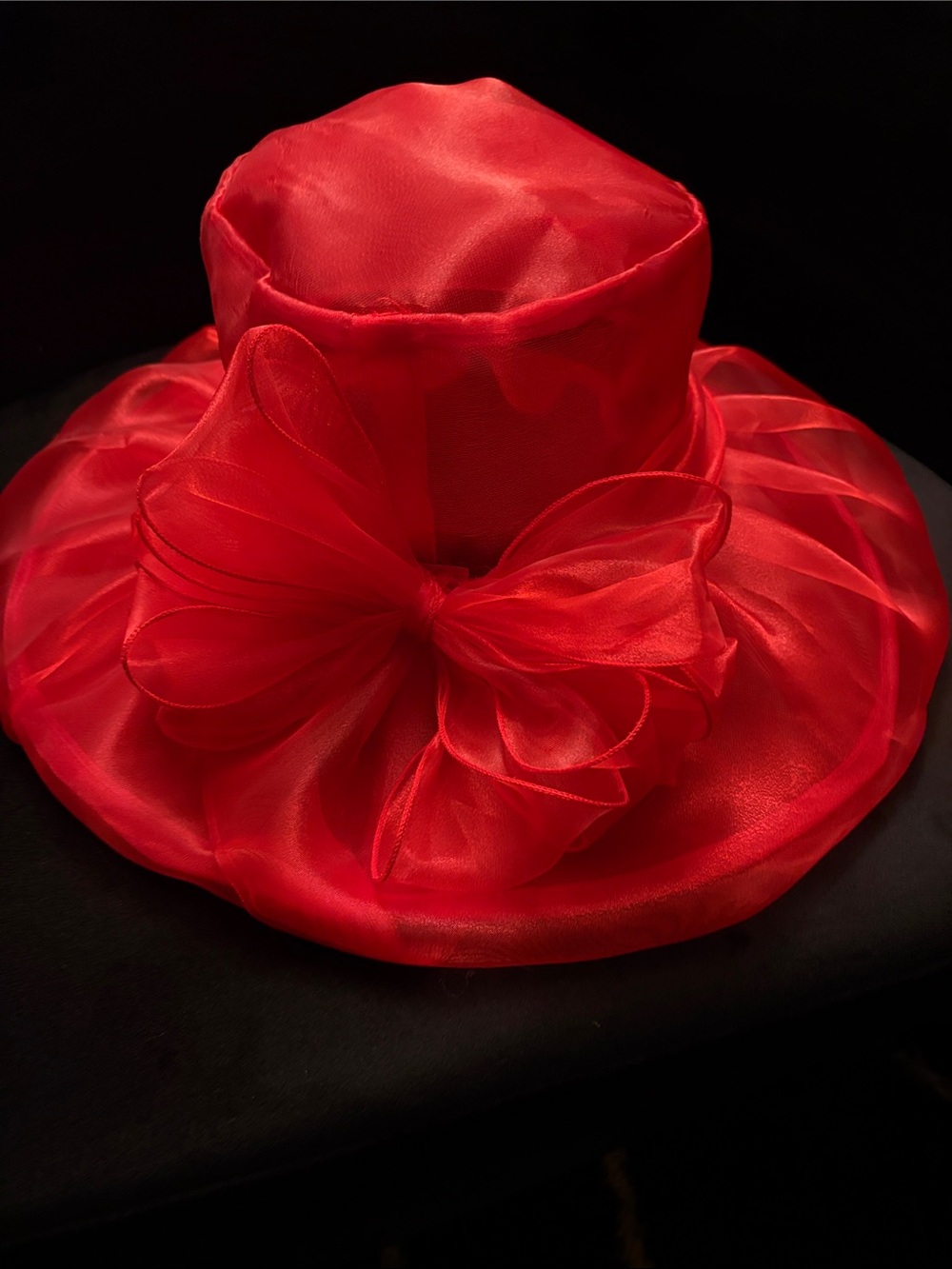 Women's Red Organza Dress Hat with Decorative Bow